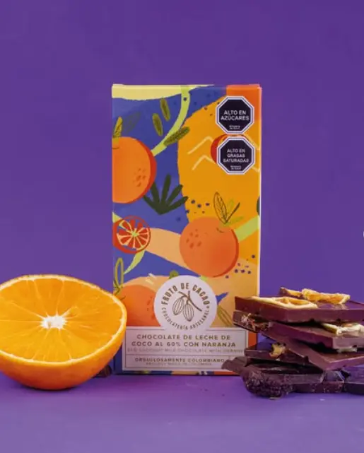 BARRA CHOCOLATE 60% CON LECHE DE COCO Y NARANJA 80GR