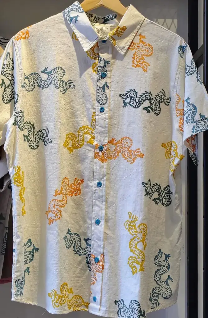 CAMISA TRÓPICO ALGODÓN DRAGONES MARFIL OCRES